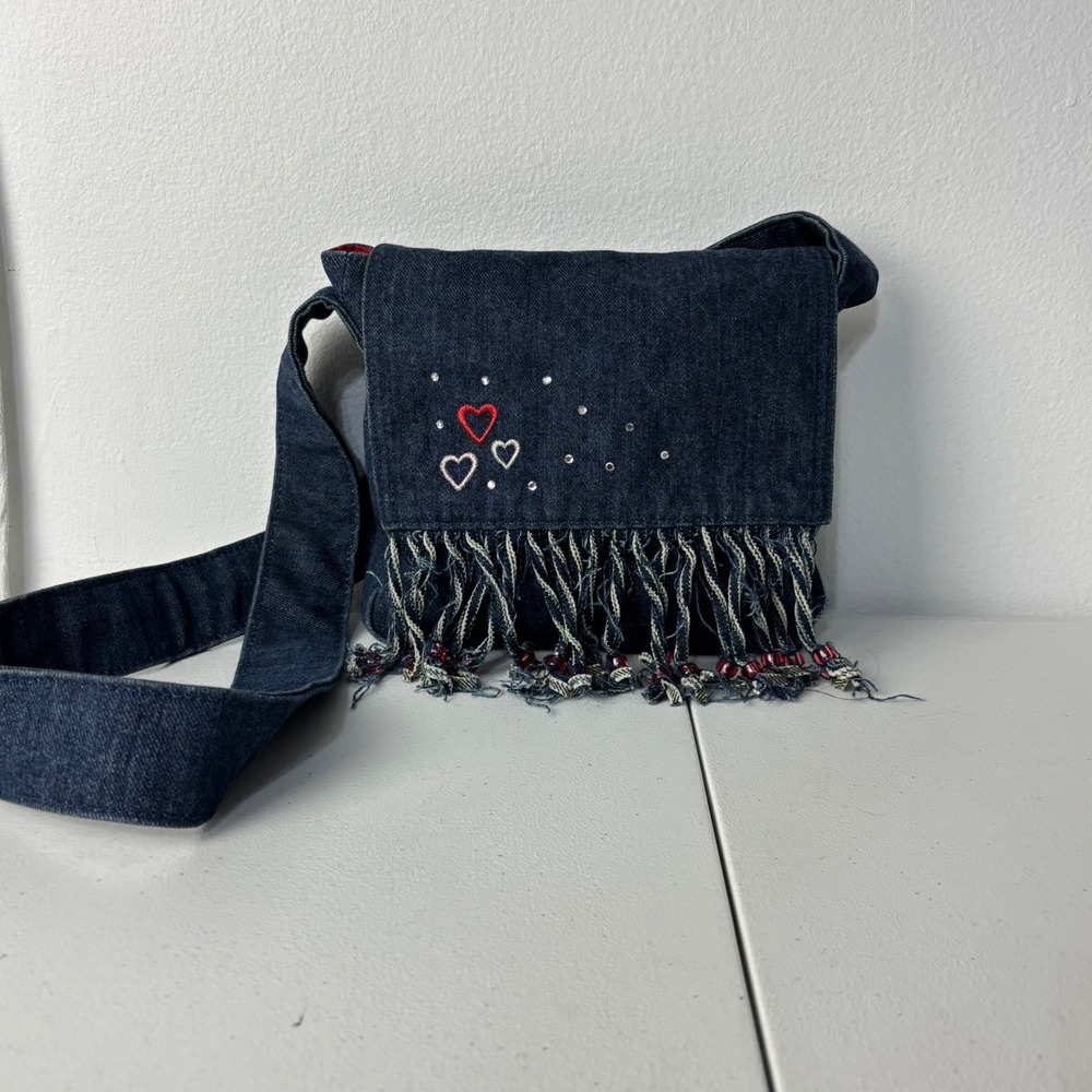 Vtg 2003 Old Navy Denim Crossbody Bag Heart Embroidery Beaded Fringe Y2K McBling - Picture 4 of 12